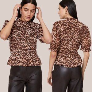 Ann Taylor Smocked Ruffle Peplum Blouse - Leopard Print - Size Large